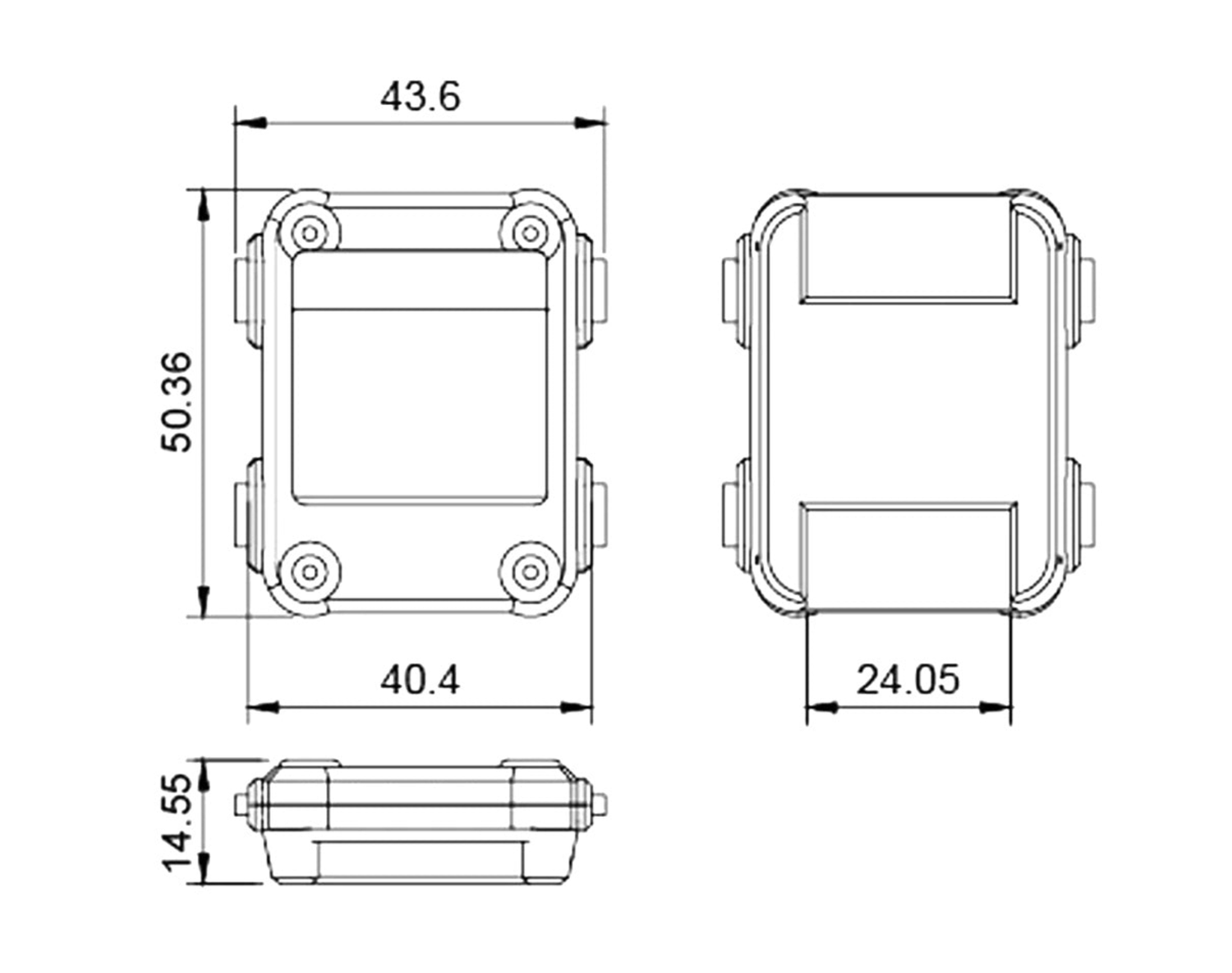 Case dimensions, three views