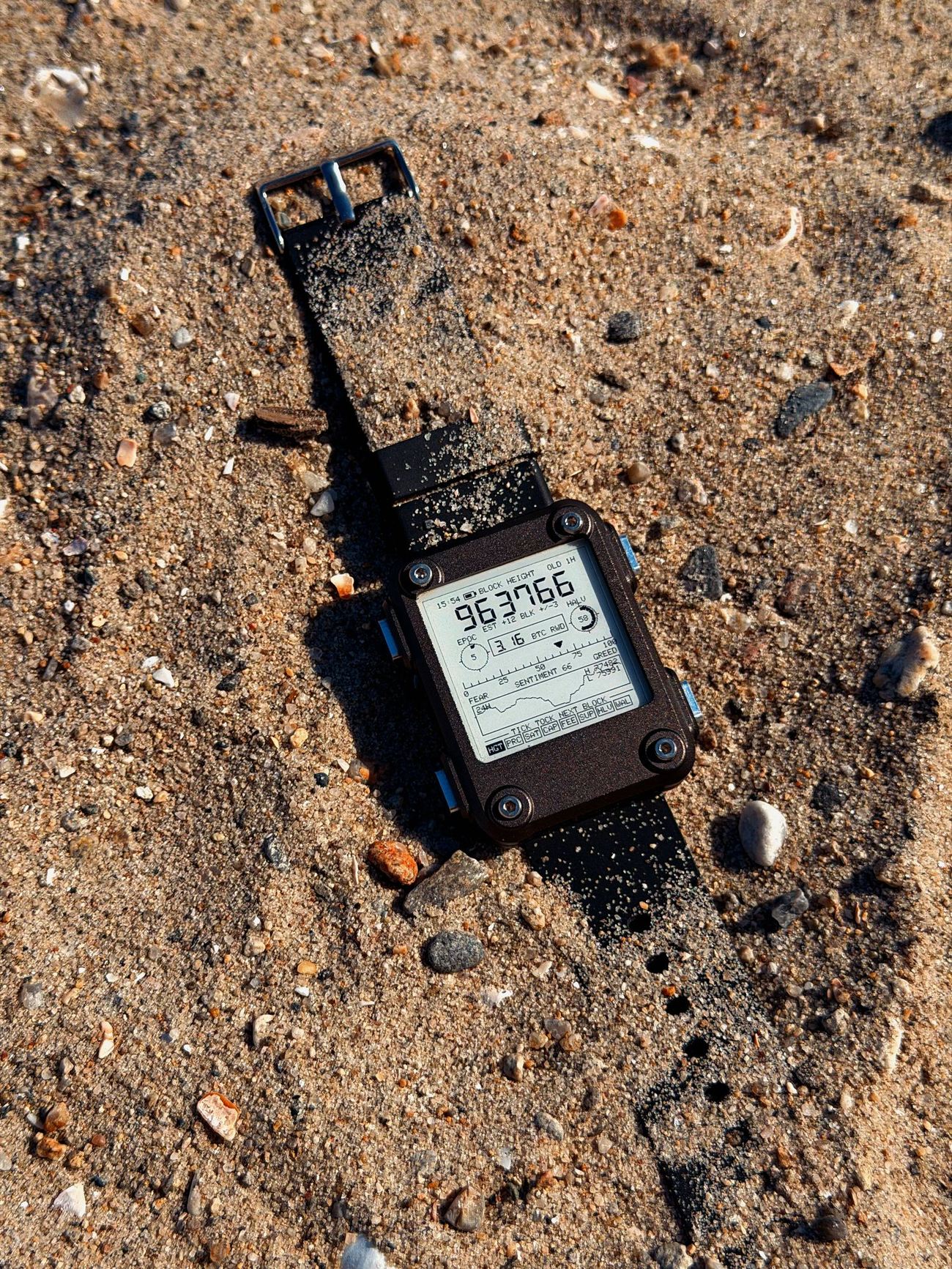 The watch half covered in sand, still reading the tip
